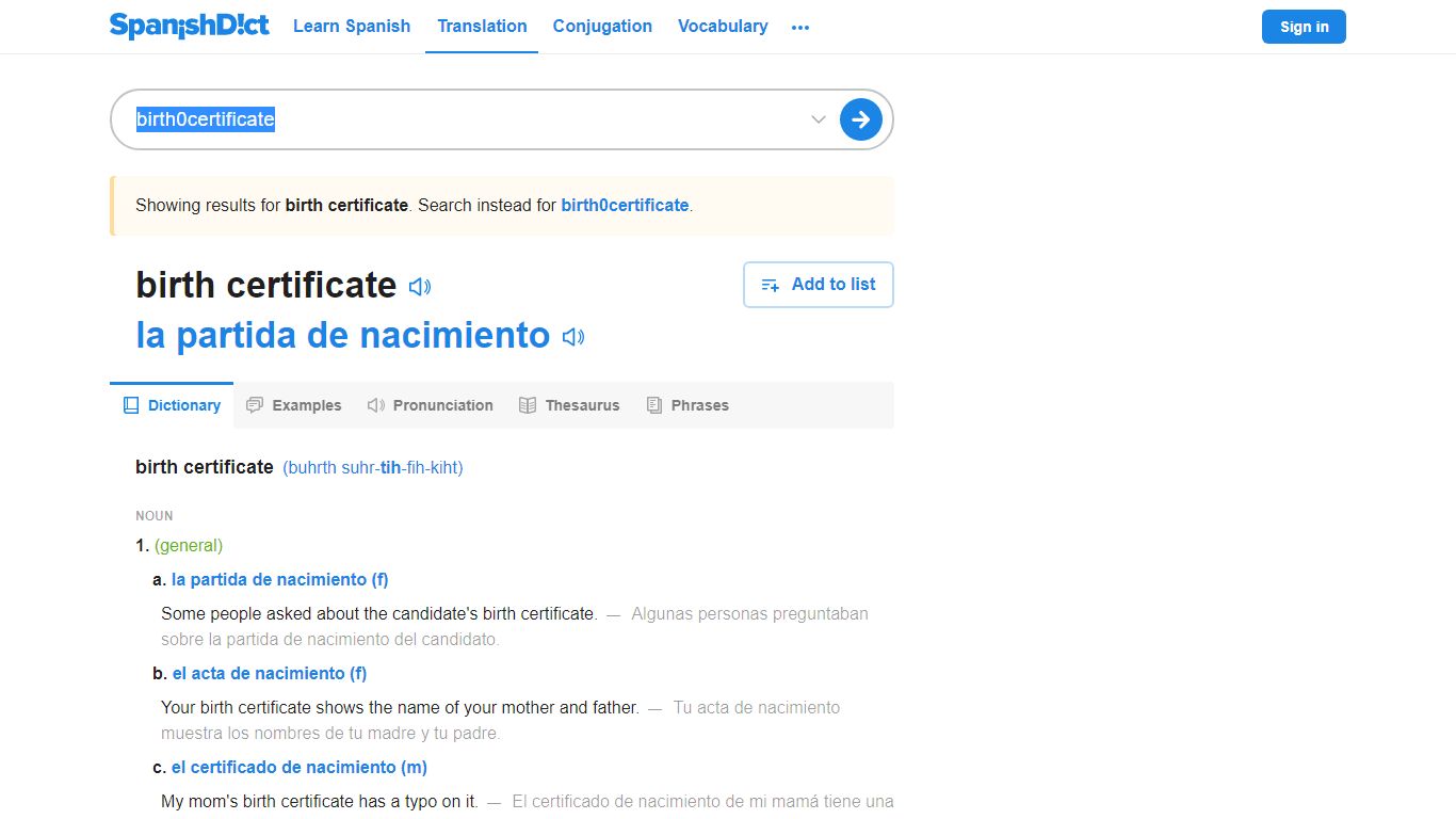 Birth certificate in Spanish | English to Spanish Translation - SpanishDict